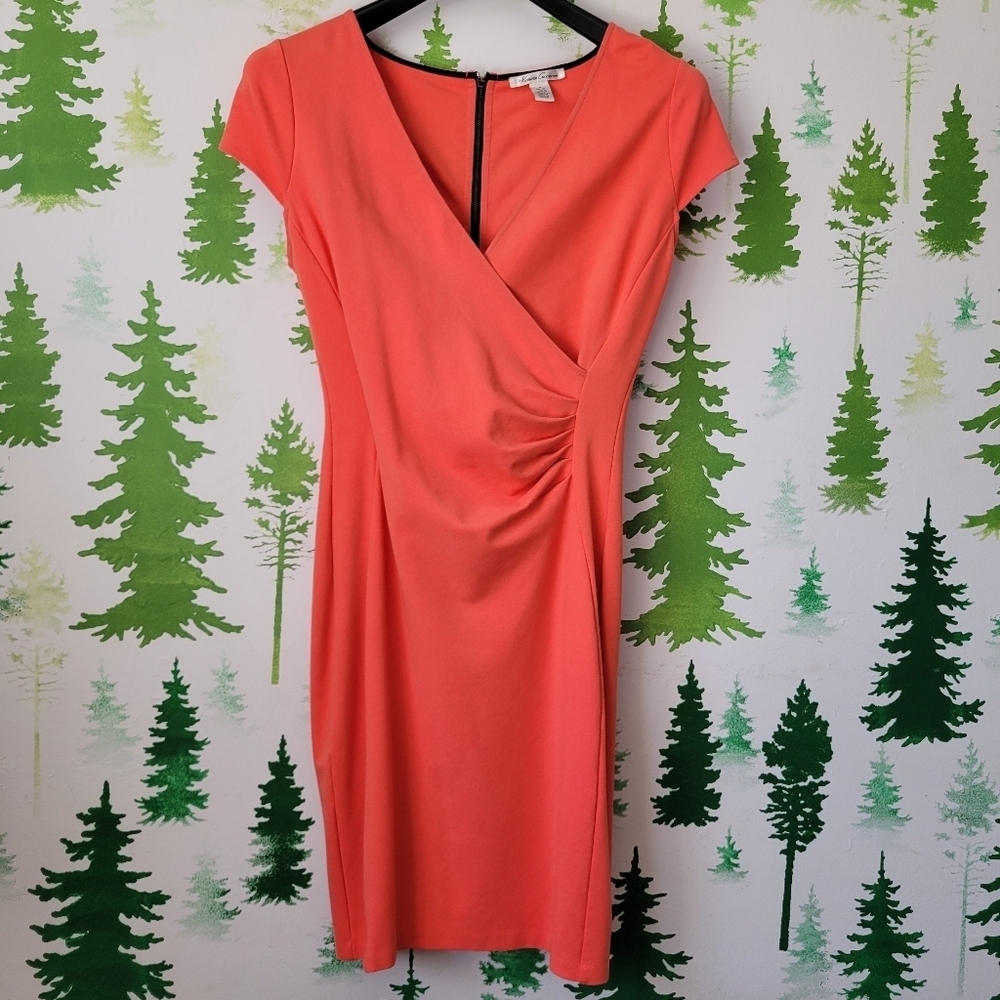 Kenneth Cole Stretch Faux Wrap Bodycon Cap Sleeve Dress.